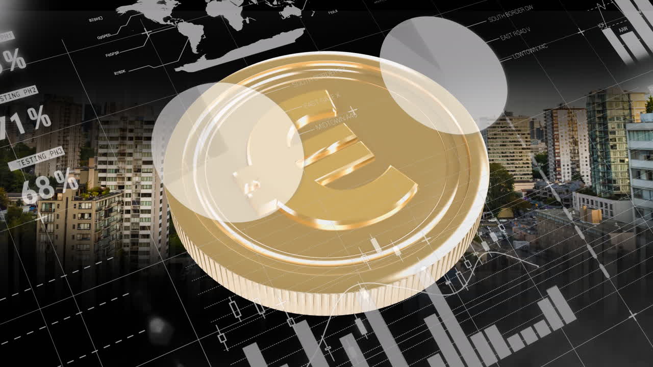 animación del procesamiento de datos financieros sobre monedas de oro en euros