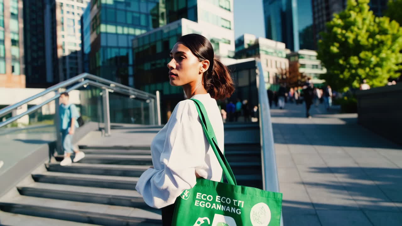 Woman walking on urban steps with a green eco tote bag
