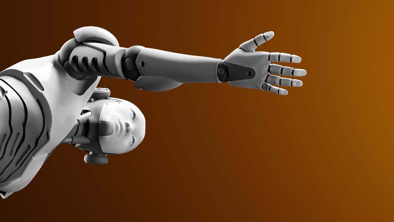 prototipo humanoide moviendo el brazo y mostrando la palma de la mano espacio vacío para agregar objeto, inteligencia artificial escenario de tarea futurista animación de renderización 3d vista de bajo ángulo