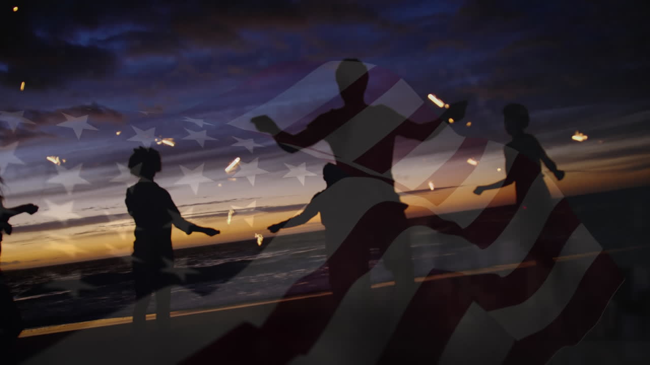 animación de ondear la bandera de ee.uu. sobre un grupo de amigos divirtiéndose en la playa