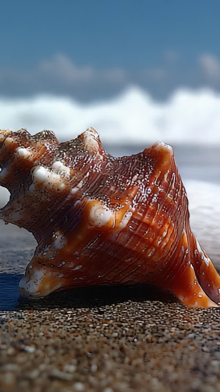 A Beautiful Brown Seashell Resting on the Sandy Shore with Ocean Waves in the Background, Capturing the Essence of Coastal Serenity and Natural Wonder