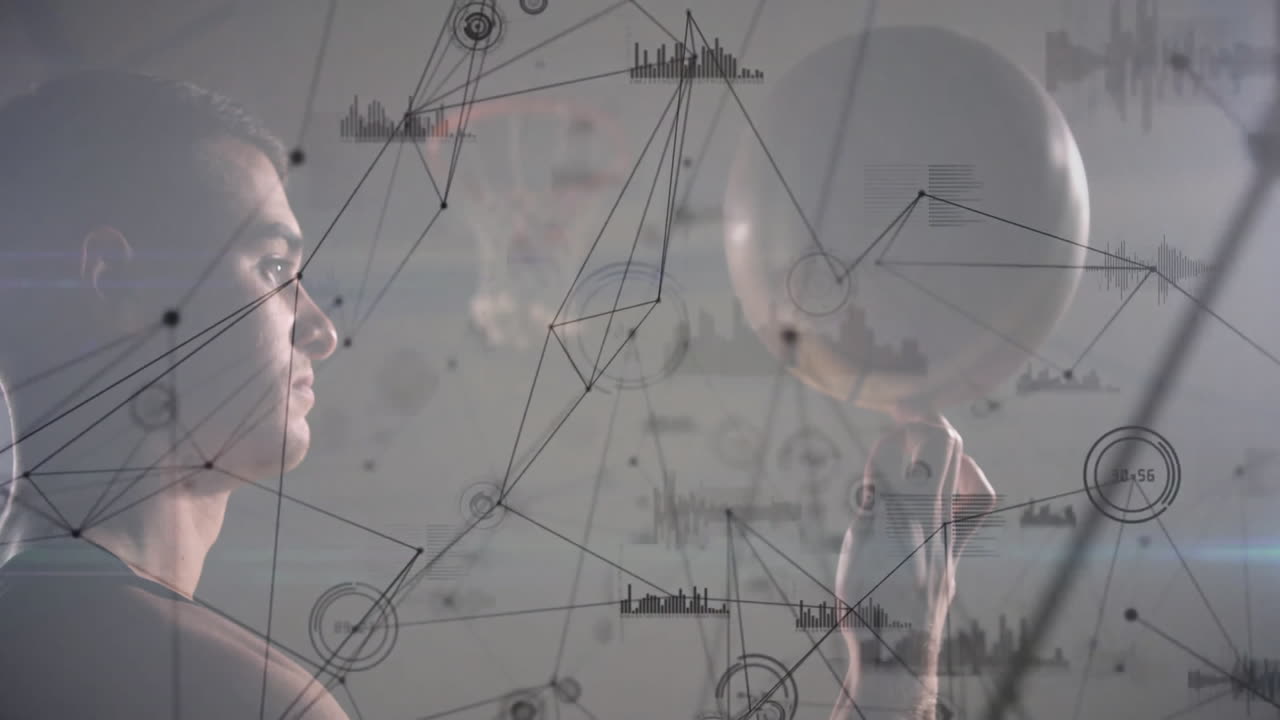 Spinning basketball, person with data processing animation overlay in school setting