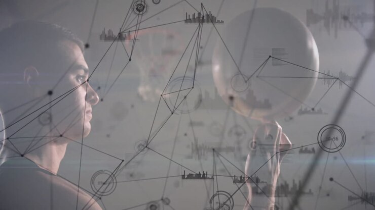 Spinning basketball, person with data processing animation overlay in school setting