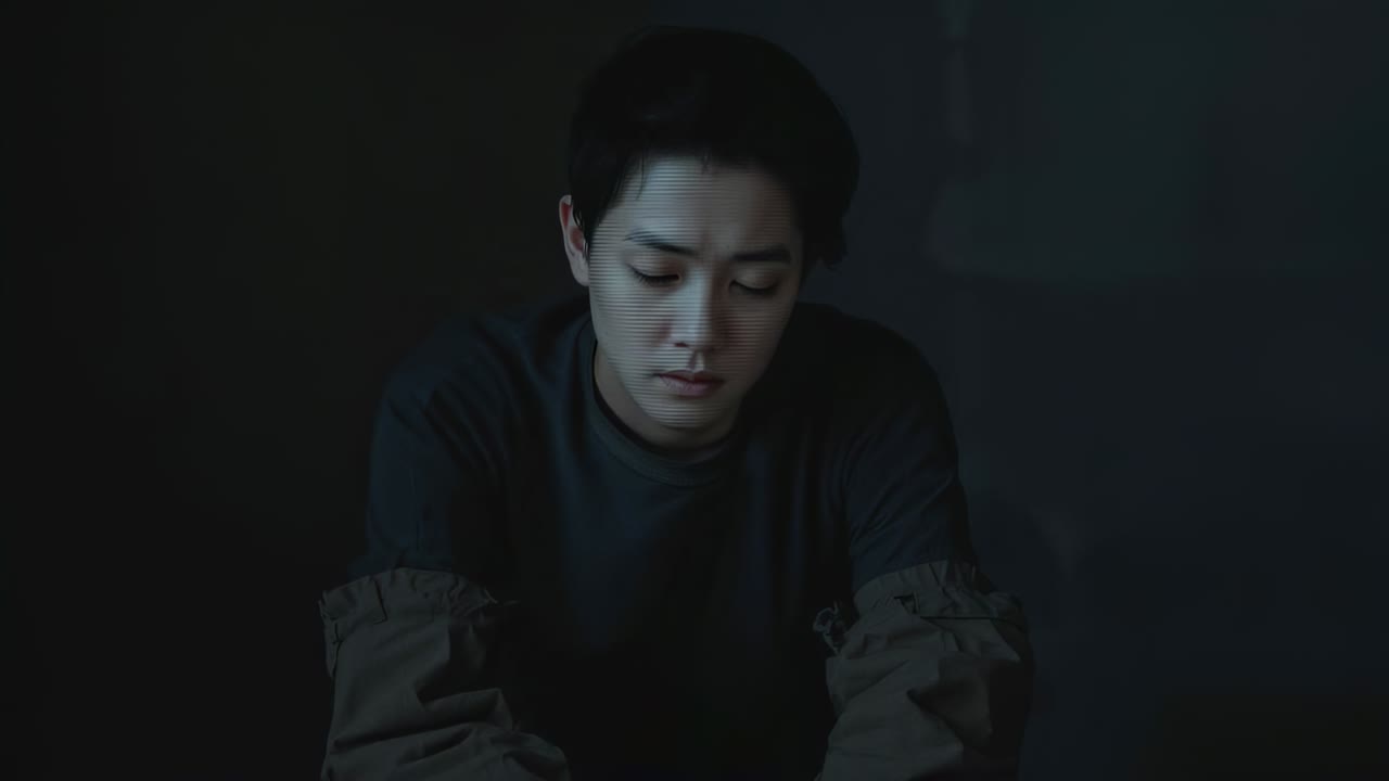 겹겹이 소매를 입고 테이블이 있는 어두운 방에서 곰곰이 생각하며 아래를 응시하는 아시아인 남성이 앉아 있어요