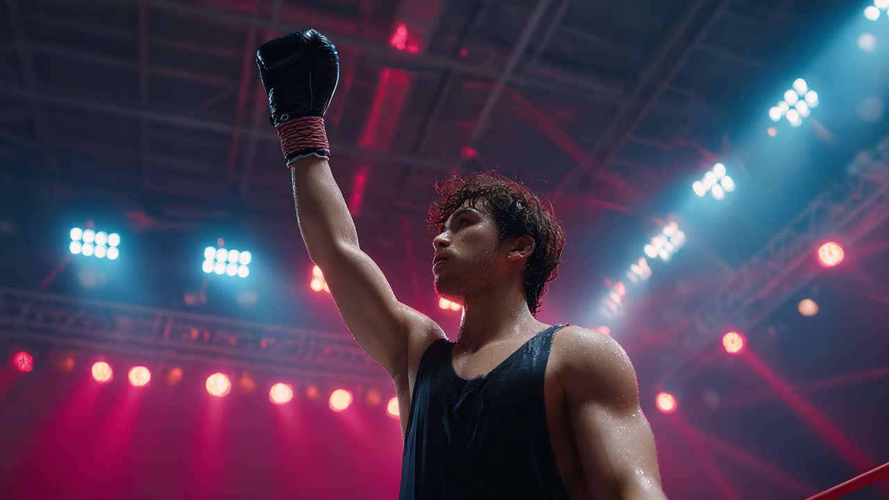 A triumphant boxer raises his fist in victory, showcasing determination and strength amid a vibrant arena filled with dynamic lights and an electrifying atmosphere