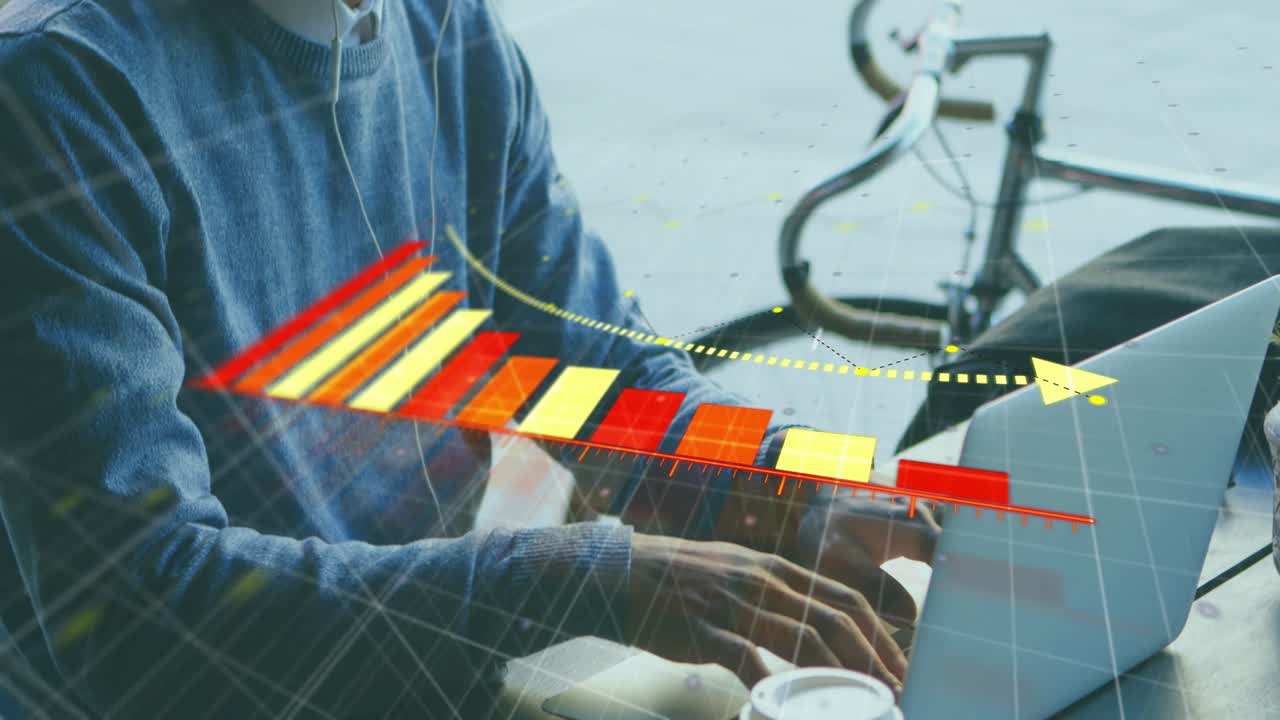 Man wearing earphones gazing laptop analytics bar graphs appearing with rising arrow driving typing