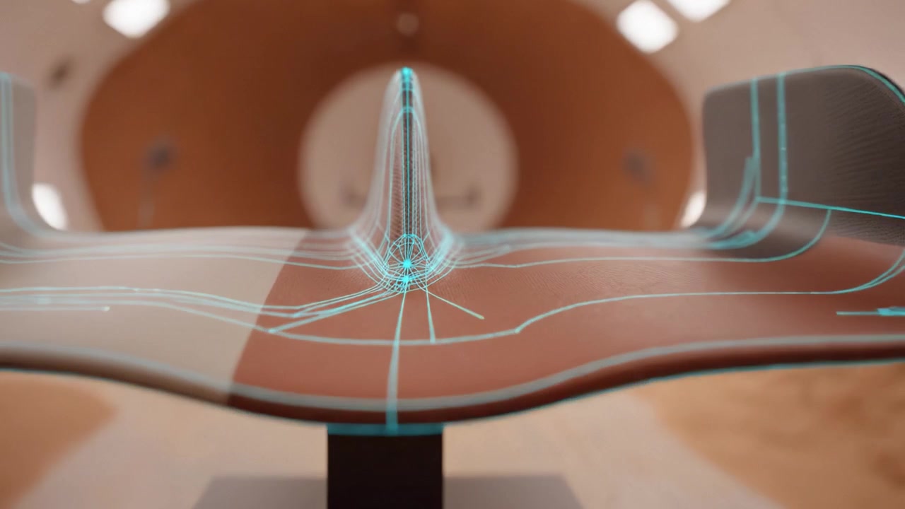 Un concetto di design futuristico è presentato in un ambiente innovativo, che fonde tecnologia ed estetica attraverso materiali unici e disposizione spaziale.