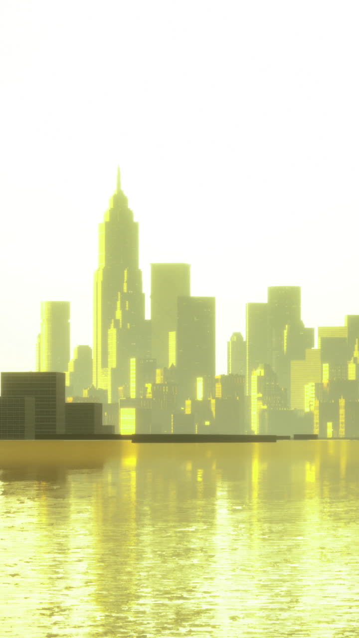 Riflessi del tramonto sullo skyline di una città vicino alla superficie dell'acqua