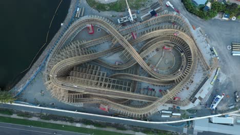 Slow-spriraling-view-of-rollercoaster-construction-at-themepark