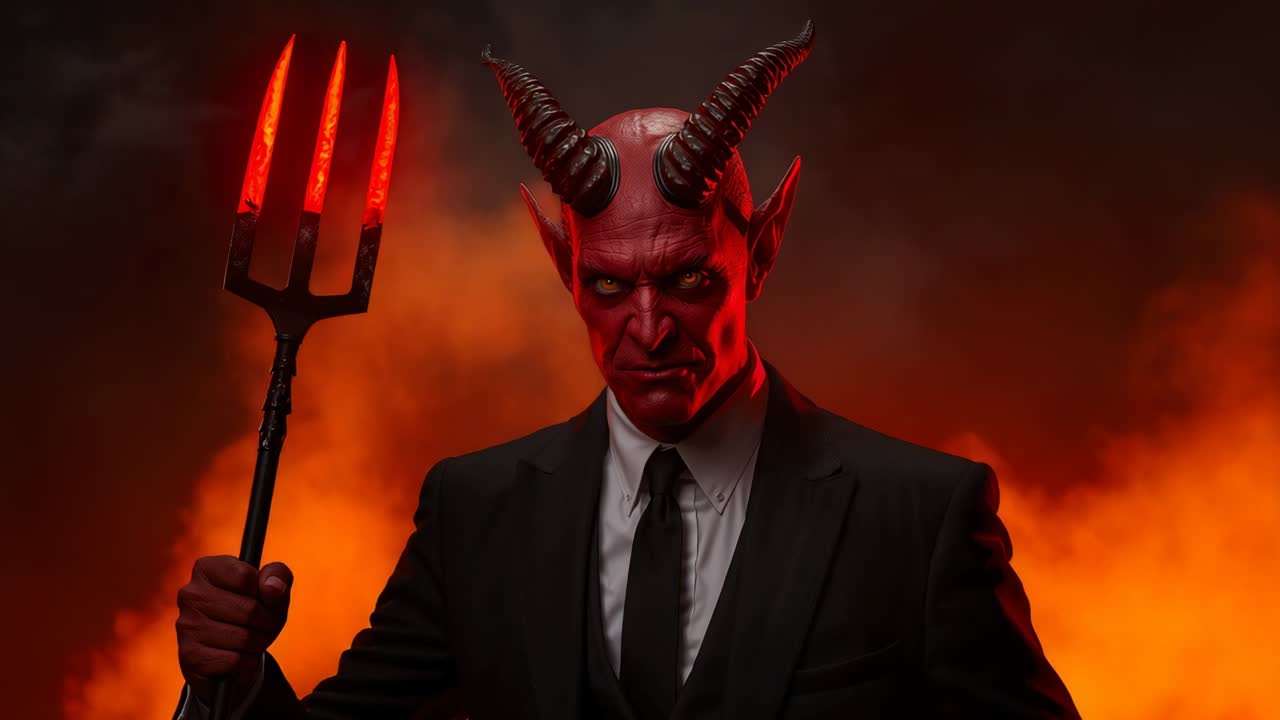 Standing horned demon wearing suit tie contact lenses, gripping glowing pitchfork in smoky studio