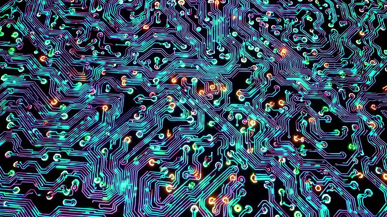 Complex electronic network pulsating with vibrant colors, representing data flow and technological advancement in a futuristic motherboard design