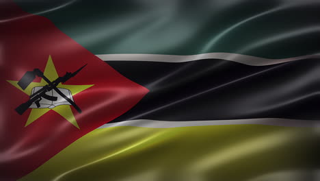 la bandera nacional de la república de mozambique, vista frontal, cuadro completo, brillante, elegante, textura sedosa elegante, ondeando en el viento, animación realista de 4k cg, aspecto cinematográfico, con capacidad de bucle sin costuras