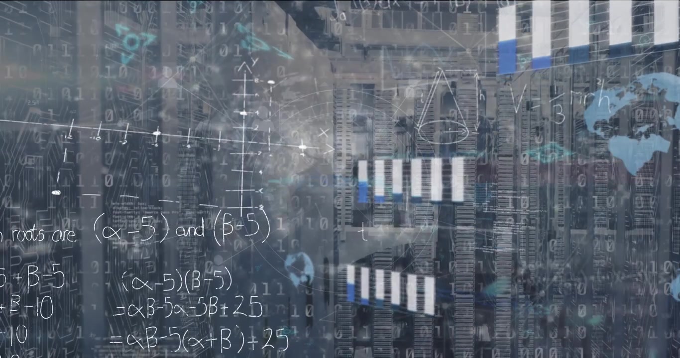 Digital Data Center Background with Mathematical Formulas and Graphs