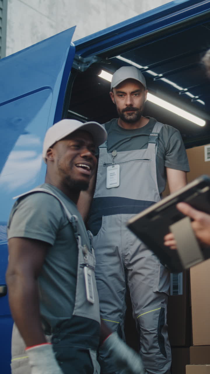 Delivery Workers Loading and Unloading Parcels from a Truck