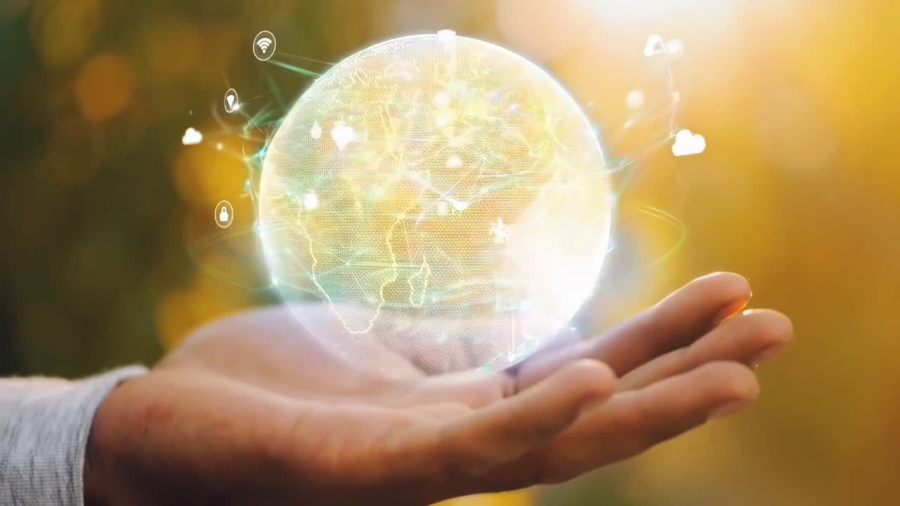 Uma mão segura um globo digital com ícones, capturada em close-up