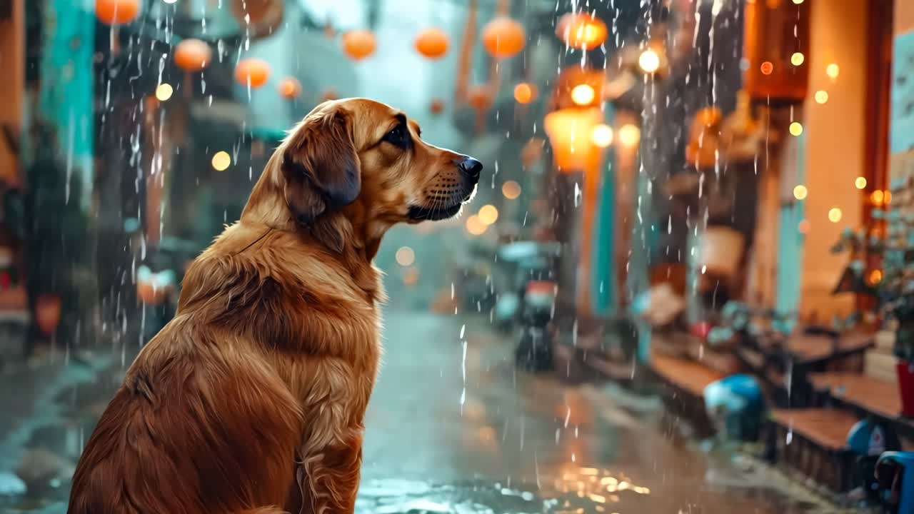 비가 내리는 벤치에 앉아 있는 개