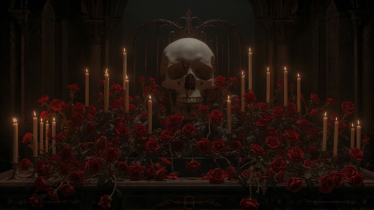 Flickering candle flames casting shadows across skull on altar at gothic chapel, with red roses