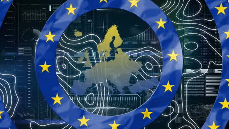 animation of circles with eu flag and shapes over data processing