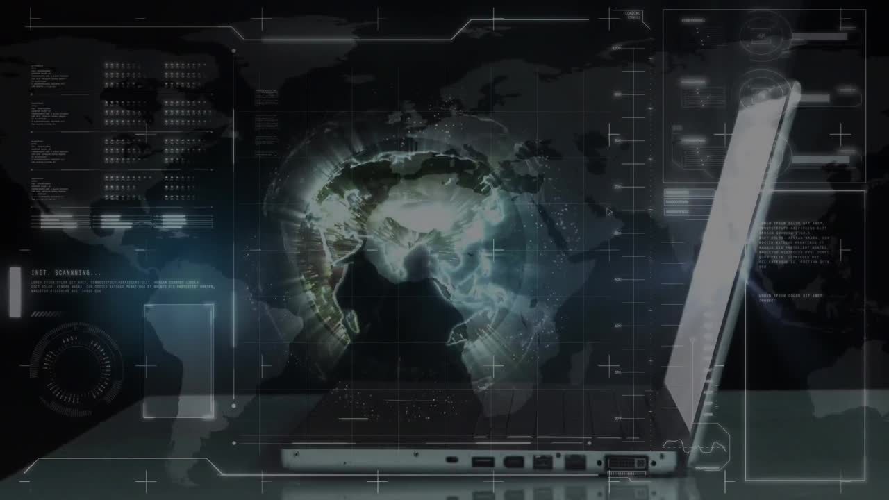 노트북을 사용하여 지구의 애니메이션과 인간에 대한 데이터 처리