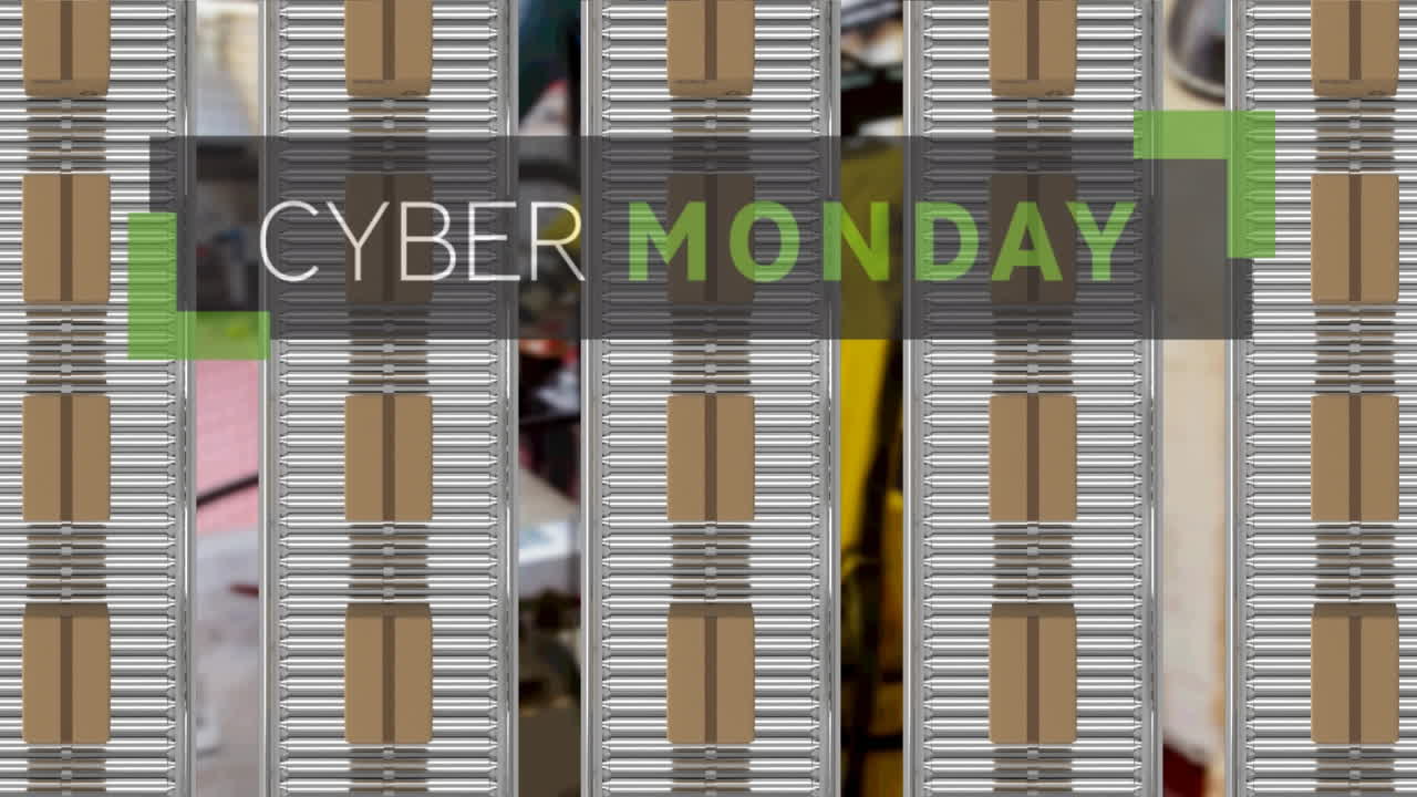 Animation of cyber monday text over cardboard boxes on conveyor belts in warehouse