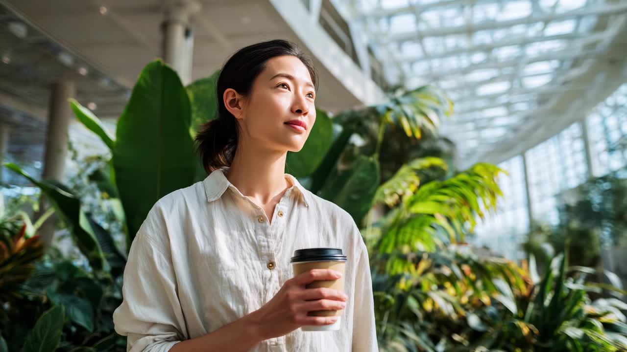 A woman holding a coffee cup gazes thoughtfully into the distance, surrounded by a lush greenhouse filled with vibrant green plants and natural light, creating a serene atmosphere of tranquility and contemplation