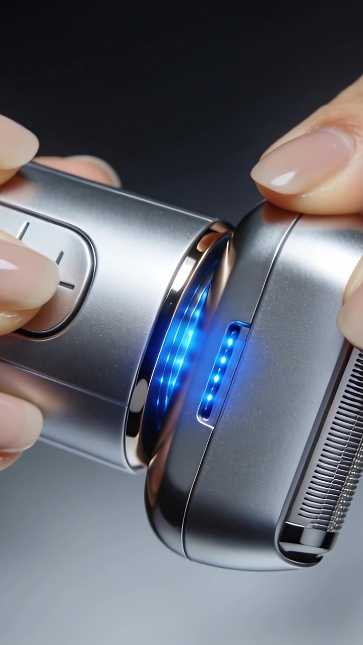 Vertical video: Attaching razor head while LED ring glowing, hands seating foil for power on desk