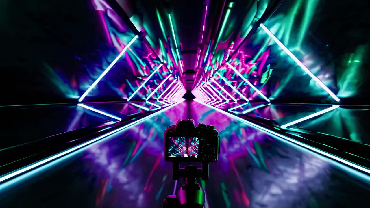 túnel de neón con perspectiva de la cámara