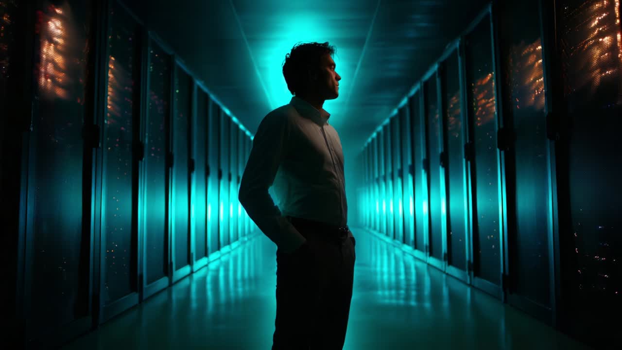 A contemplative individual stands in a futuristic data center, casting a silhouette against the vibrant blue glow of server racks, symbolizing innovation and technology in a digital landscape