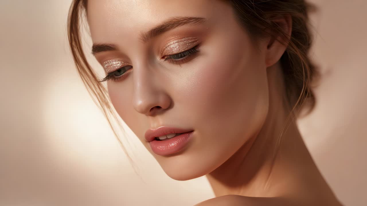 Modello che si gira in avanti in studio su indicazione per contatto visivo, con trucco, chignon, senza spalline, illuminazione calda