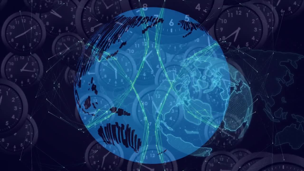 animación de un globo giratorio, con red y procesamiento de datos sobre relojes giratorios, en negro