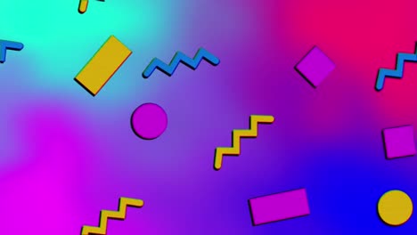 Animation-of-repeated-yellow,-blue-and-pink-geometric-shapes-over-blurred-blue-and-pink-background