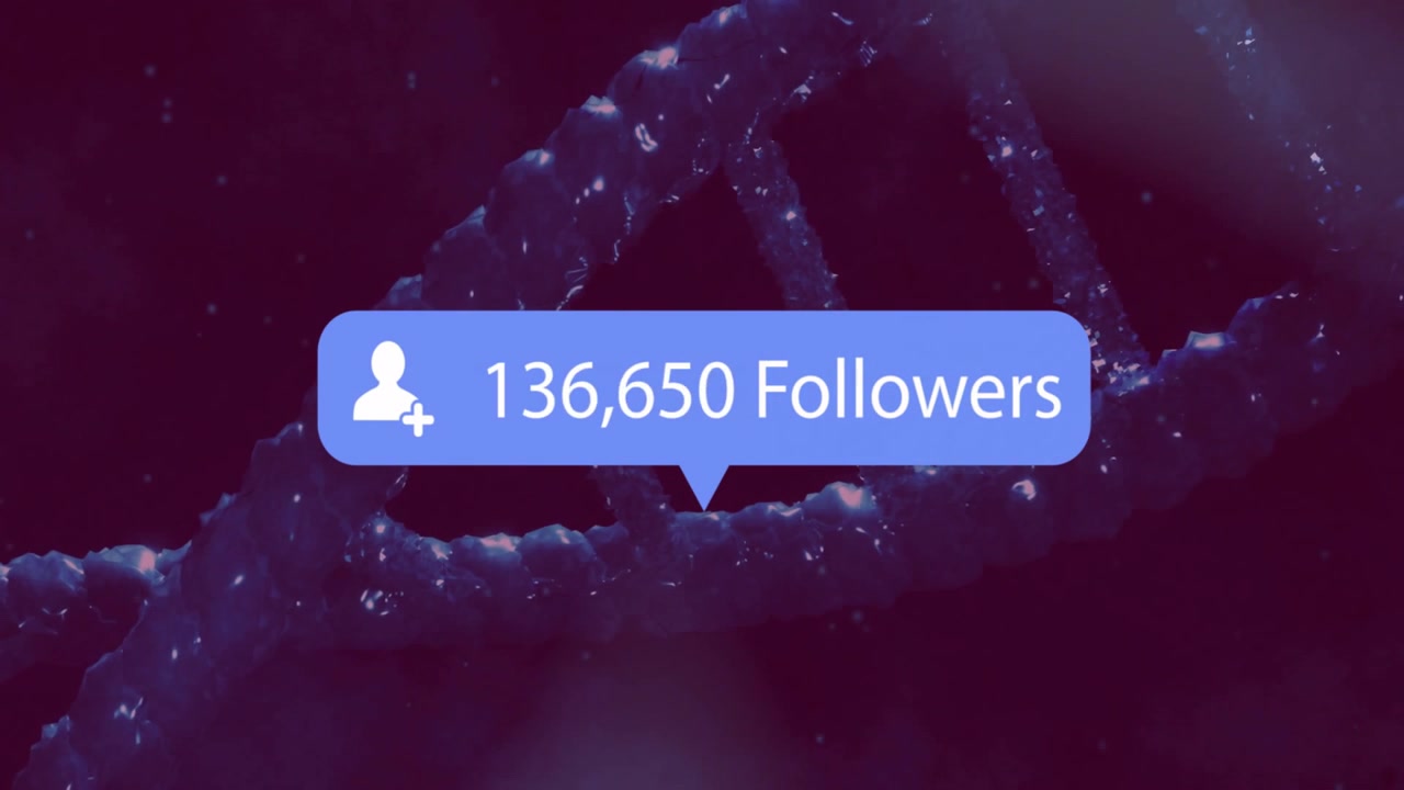 Pulsing backdrop starting helix rotating while blue follower bubble updating count showing growth