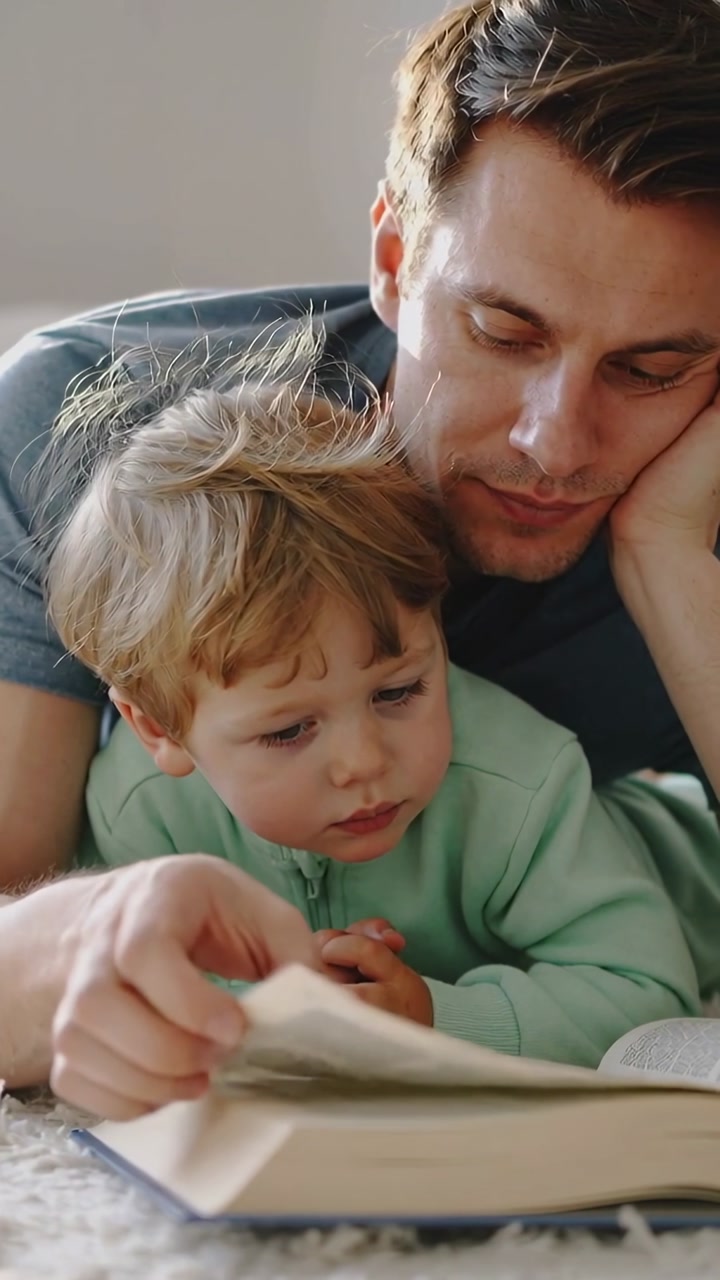 Vertical video: Reaching father teaching son in green pjs, flipping book pages on living room rug