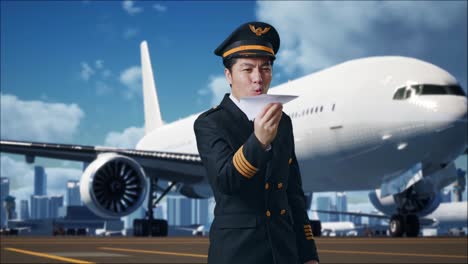 asian man pilot in professional uniform launching paper plane, holding jet model in hands, aviation academy aviator, aircraft captain in airfield with airplane on background