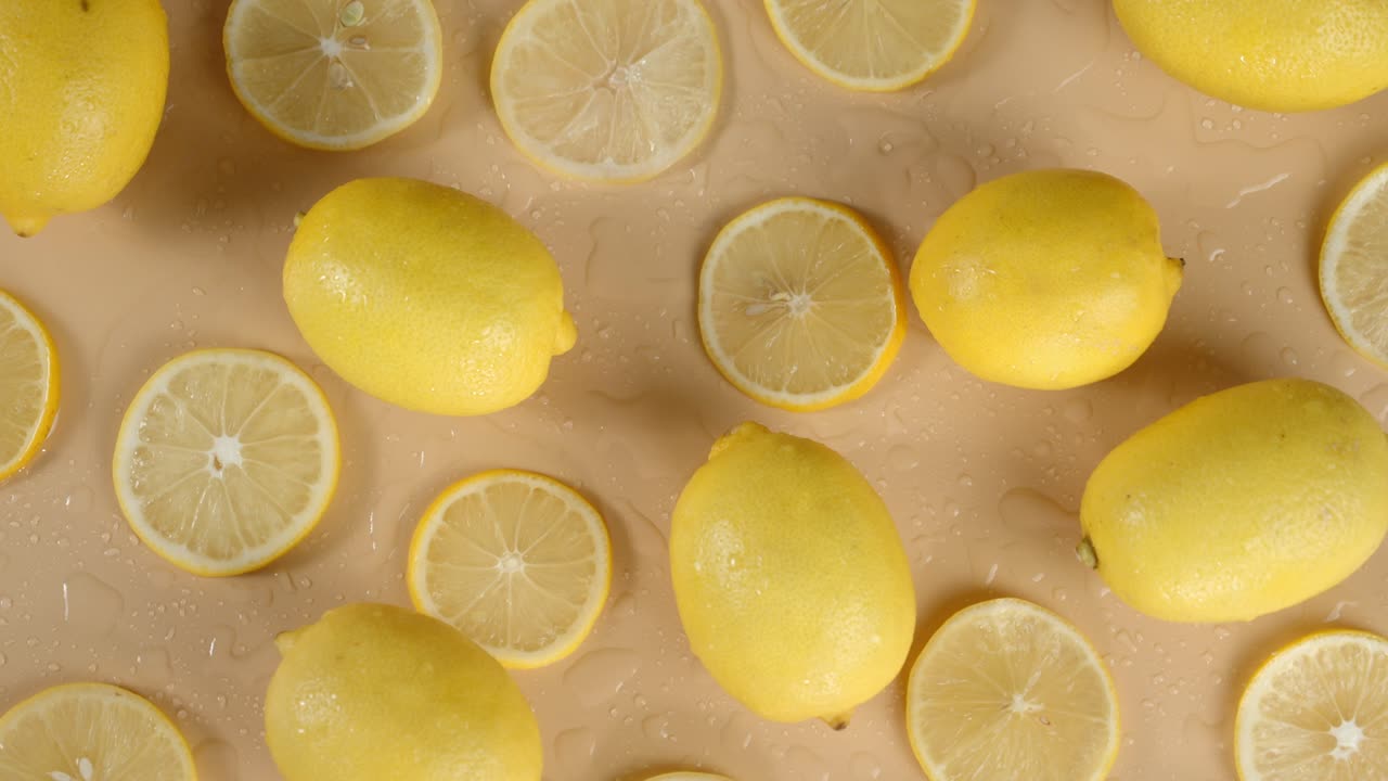entero y cortado en rebanadas redondas de limón gira lentamente.