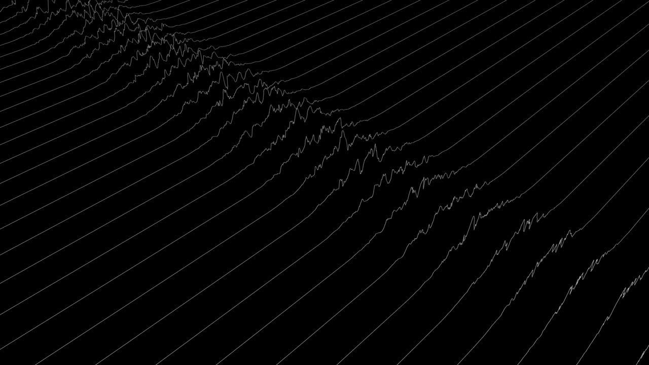 White lines forming distorted field visualization on black background. Abstract CG animation, isometric view. 3D rendering.