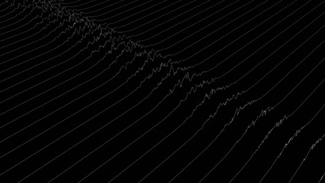 líneas blancas que forman una visualización de campo distorsionado en fondo negro. animación cg abstracta, vista isométrica. renderización 3d.