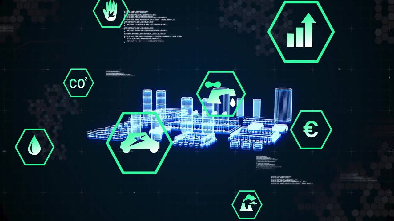 디지털 도시 풍경 위에 환경 데이터 및 지속 가능성 아이콘 애니메이션