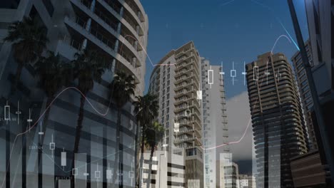 gráficos que se mueven en la pantalla con un fondo de edificios