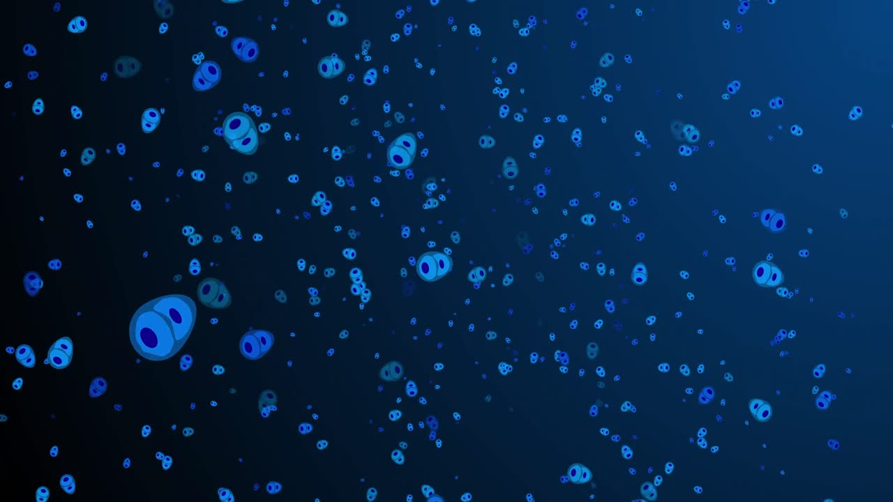 네이비 배경에서 움직이는 파란색 세포의 애니메이션