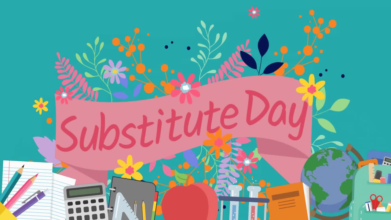 초록색 배경에 있는 학교 아이콘 위에 대체 하루 텍스트의 애니메이션