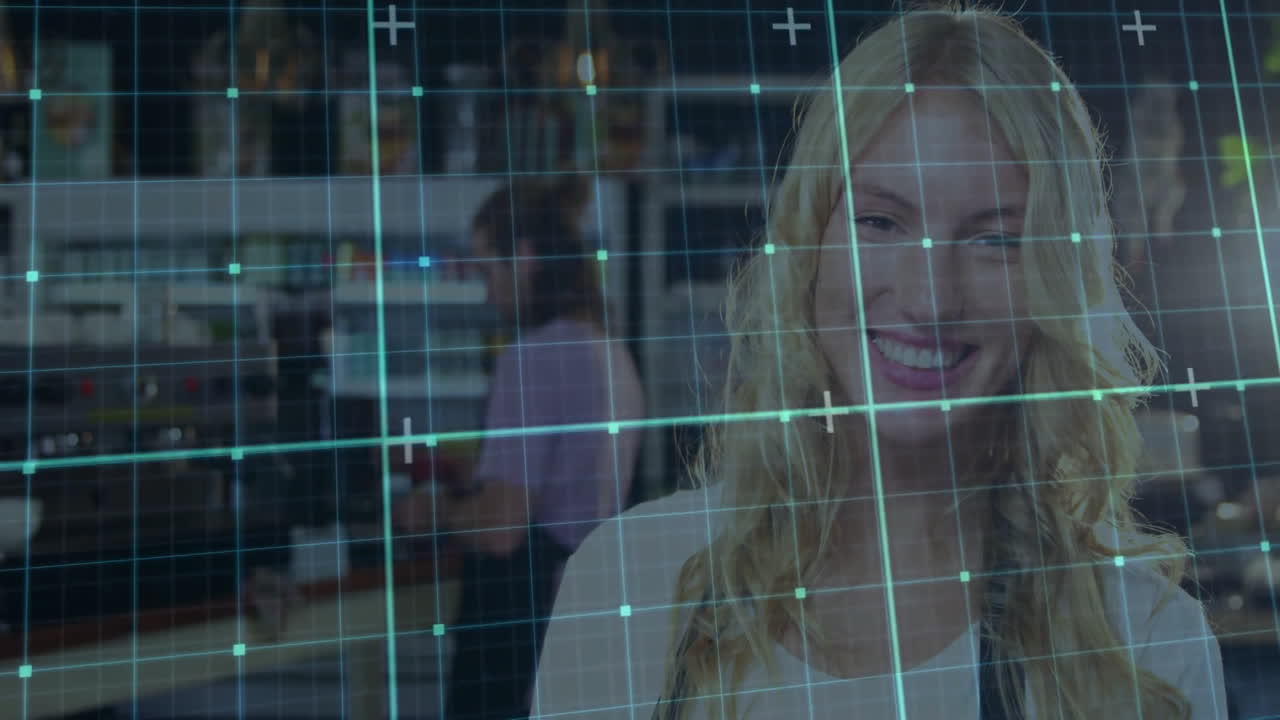 blonde woman standing at counter in retail pharmacy, displaying teal grid overlay with shelves