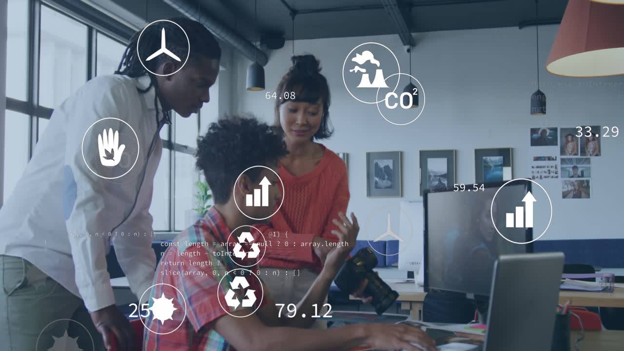 Animation of multiple icons, computer language over diverse coworkers discussing on desk in office