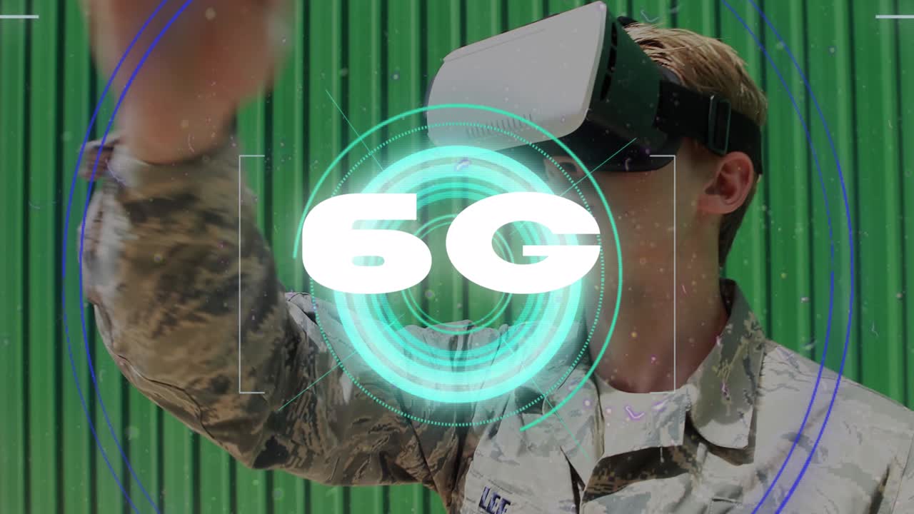 animación de texto de 6g sobre escaneo de alcance y soldado masculino con auriculares vr moviendo las manos