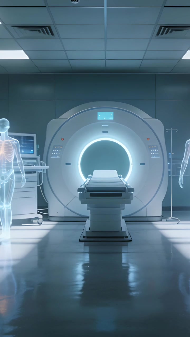 Video verticale: Gantry illuminato e tavolo che proiettano l'anatomia del torace per una dimostrazione in clinica, con stativo per flebo.