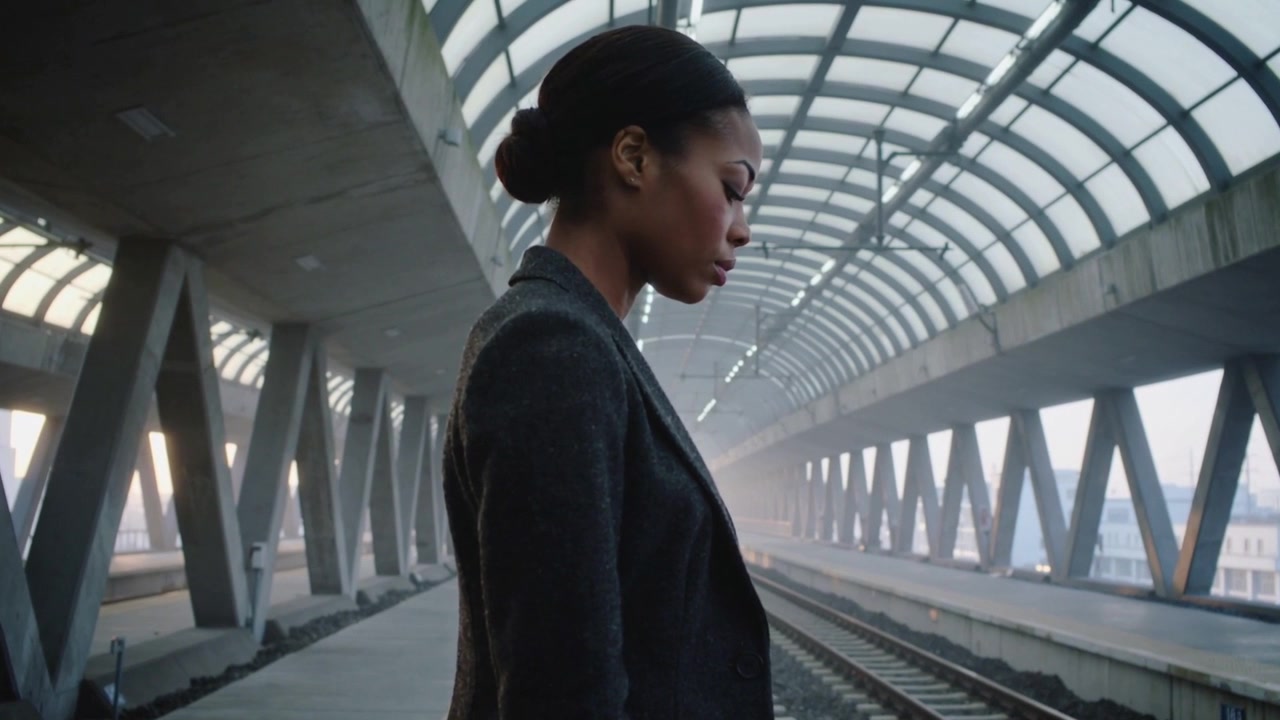 Lowering head while waiting for train, woman in dark coat standing under arched platform canopy