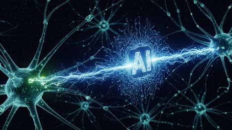 an electrifying representation of artificial intelligence as a neural network, showcasing the connection and interaction between neurons symbolized by vibrant energy beams
