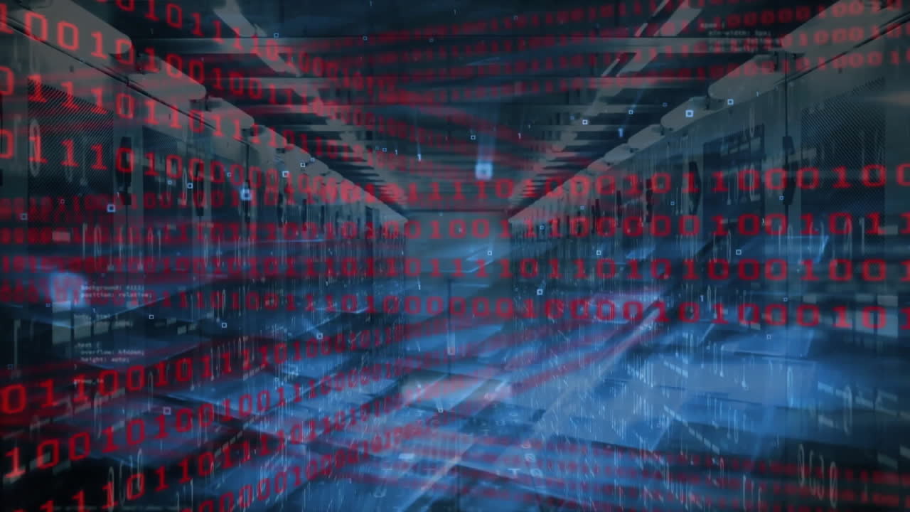 Binary code animation over futuristic data center with glowing servers
