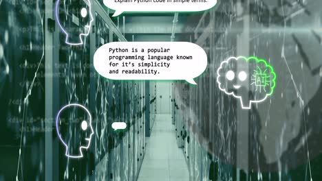 animación de chat ai y redes a través de la sala de servidores de computadoras