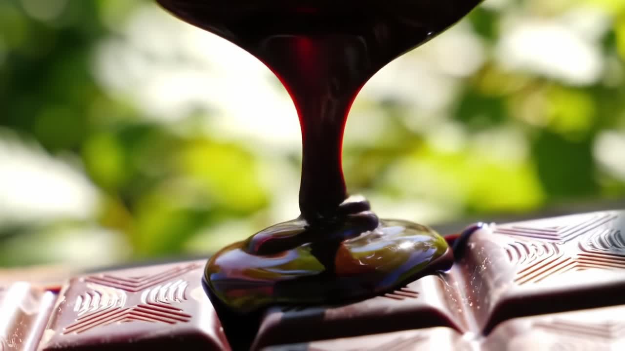 Indulgent Chocolate Melting: A Close-Up Look at Rich, Liquid Chocolate Drizzling Over a Delicious Chocolate Bar in Natural Light